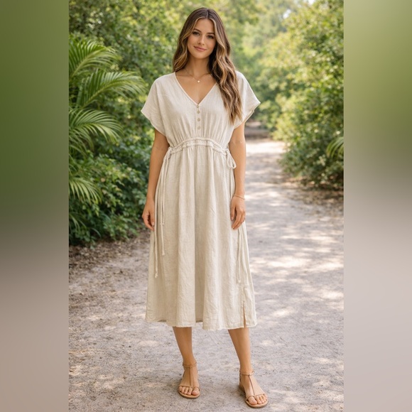 bohme Dresses & Skirts - Bohme 100% Linen Boho Midi Dress Neutral Cottagecore Summer Size S